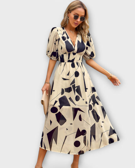 Rosa - Abstraktes Maxi-Kleid mit Puffärmeln