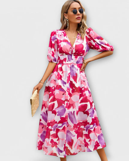 Rosa - Abstraktes Maxi-Kleid mit Puffärmeln