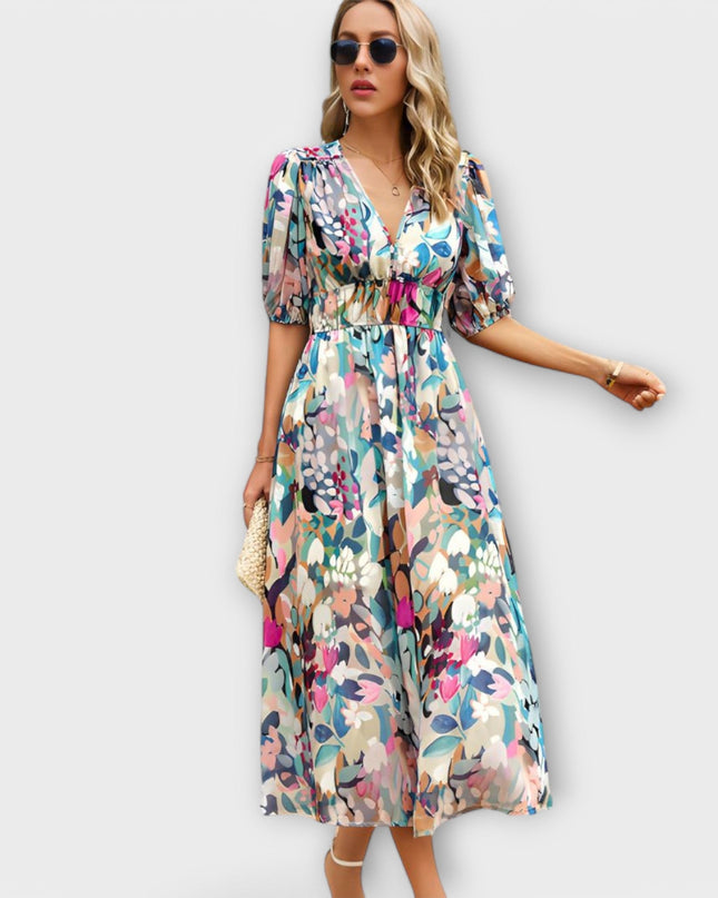 Rosa - Abstraktes Maxi-Kleid mit Puffärmeln