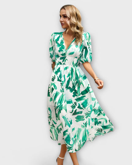 Rosa - Abstraktes Maxi-Kleid mit Puffärmeln
