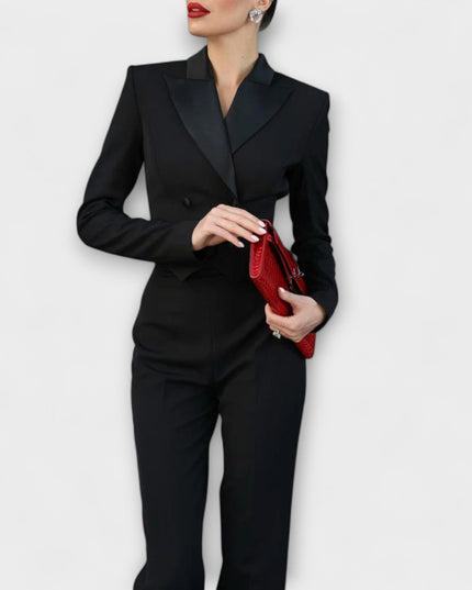 Noa - Schwarzes Perlenbesetztes Rückenfreies Kurzes Blazer Set