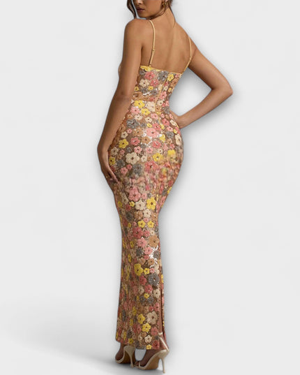 Nadine - Maxi-Kleid mit floralen Pailletten im 80er-Jahre-Stil