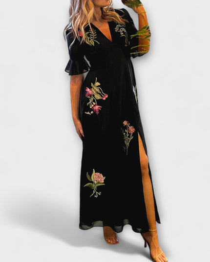 Zoe - Elegantes Navy Blau Kleid mit Floralstickerei
