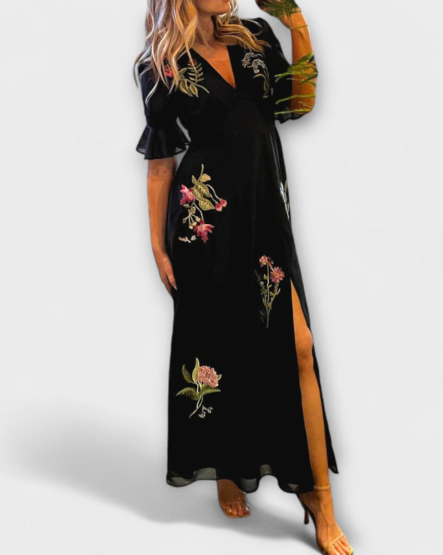 Zoe - Elegantes Navy Blau Kleid mit Floralstickerei