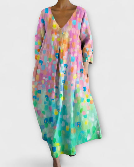 Melinda - Langes, farbenfrohes Kleid mit V-Ausschnitt