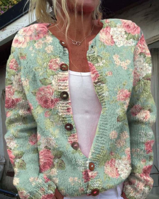 Frideruna - Elegante grüne Strickjacke mit Blumenprint