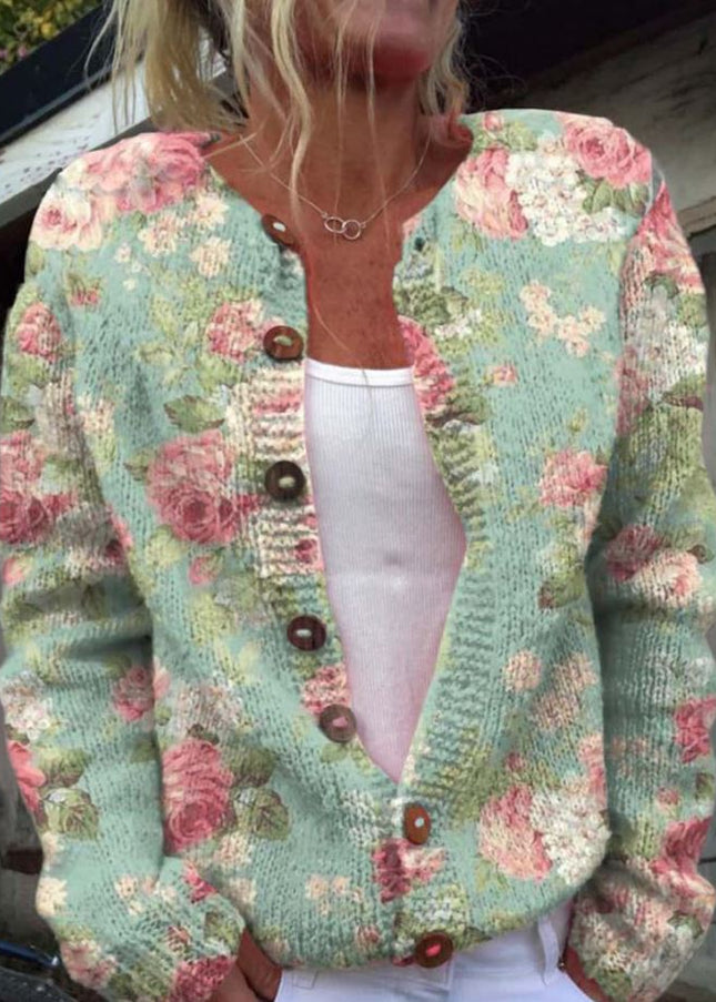 Frideruna - Elegante grüne Strickjacke mit Blumenprint