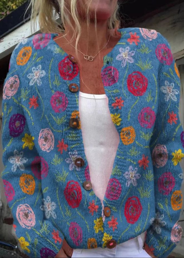 Alberina - Blaue Strickjacke mit Blumenmuster