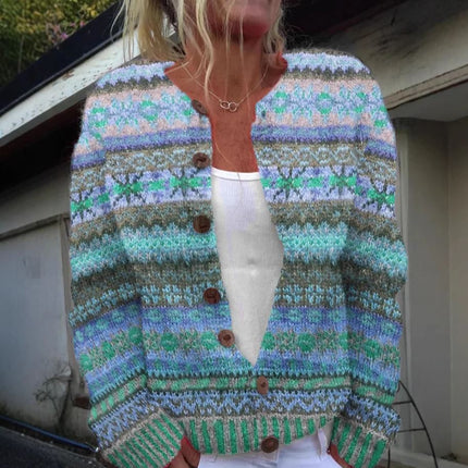 Zenobia - Blaue Strickjacke mit Print