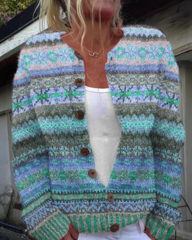 Zenobia - Blaue Strickjacke mit Print