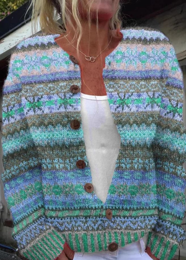 Zenobia - Blaue Strickjacke mit Print