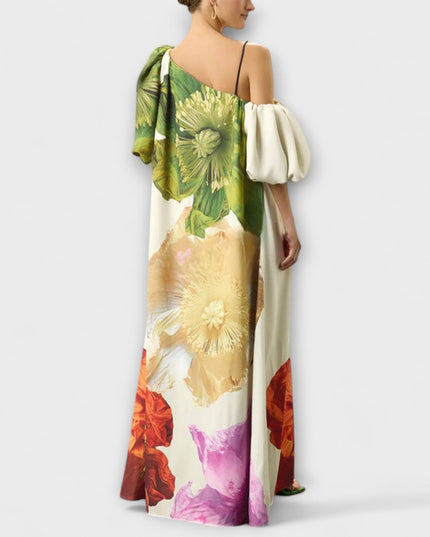 Sabina - Maxikleid mit Blumendruck, schrägem Kragen und Puffärmeln