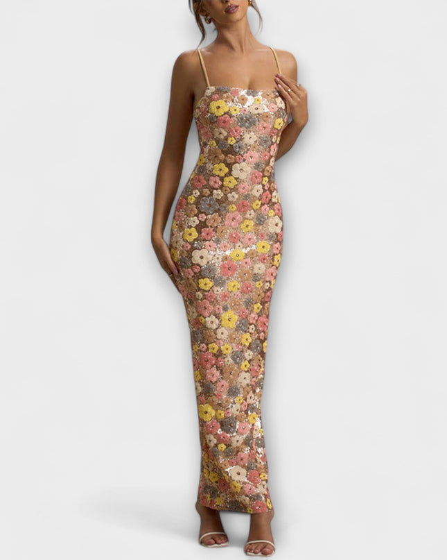 Nadine - Maxi-Kleid mit floralen Pailletten im 80er-Jahre-Stil