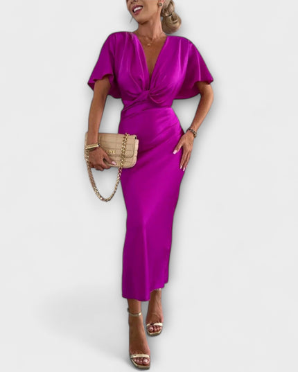 Simone - Solides Satin V-Ausschnitt Kreuzknoten Slim Fit Maxi Kleid