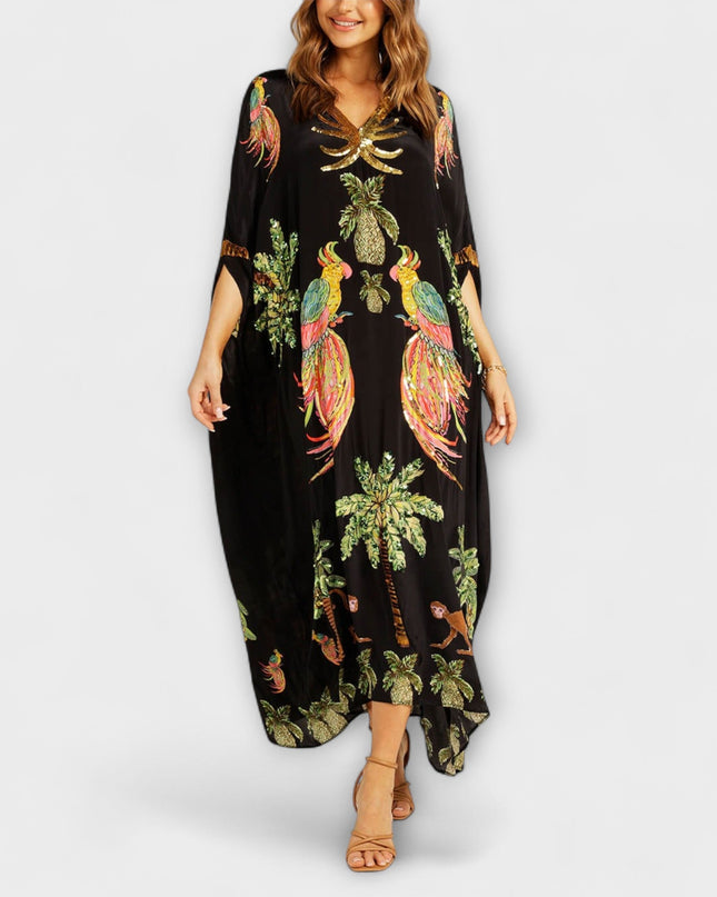 Annika - Auffälliges Kleid mit schrägen Schultern und Kokosbaum-Print