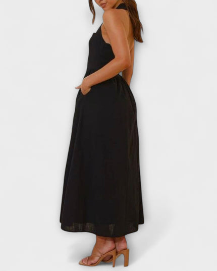 Tatjana - Mid-Length Schwarzes Halterkleid mit Taillendetail