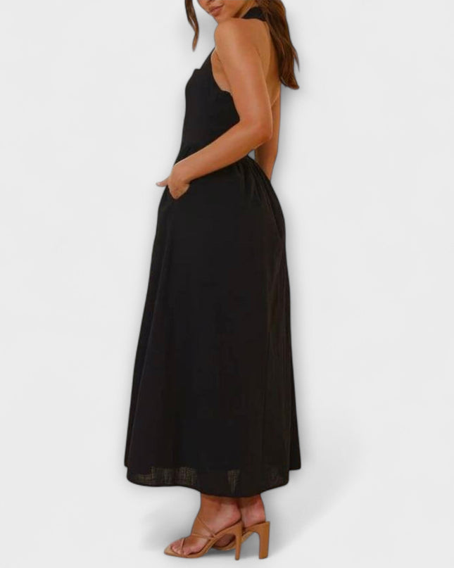 Tatjana - Mid-Length Schwarzes Halterkleid mit Taillendetail