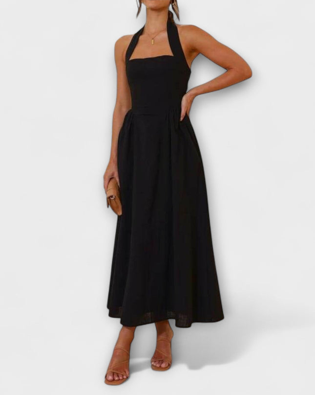 Tatjana - Mid-Length Schwarzes Halterkleid mit Taillendetail