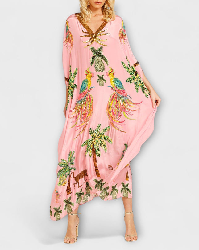 Annika - Auffälliges Kleid mit schrägen Schultern und Kokosbaum-Print