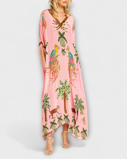Annika - Auffälliges Kleid mit schrägen Schultern und Kokosbaum-Print