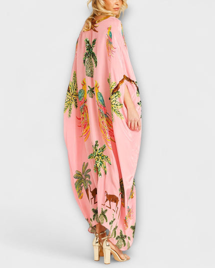 Annika - Auffälliges Kleid mit schrägen Schultern und Kokosbaum-Print