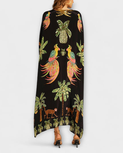 Annika - Auffälliges Kleid mit schrägen Schultern und Kokosbaum-Print