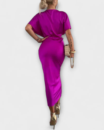 Simone - Solides Satin V-Ausschnitt Kreuzknoten Slim Fit Maxi Kleid
