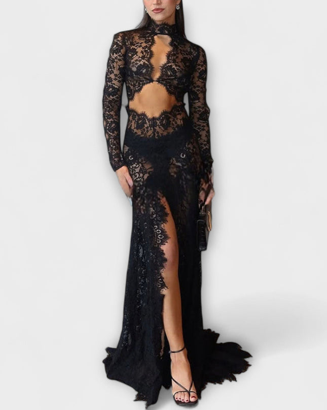 Romy - Midnight Elegance Transparente Cutout Langarm Stretch Maxikleid