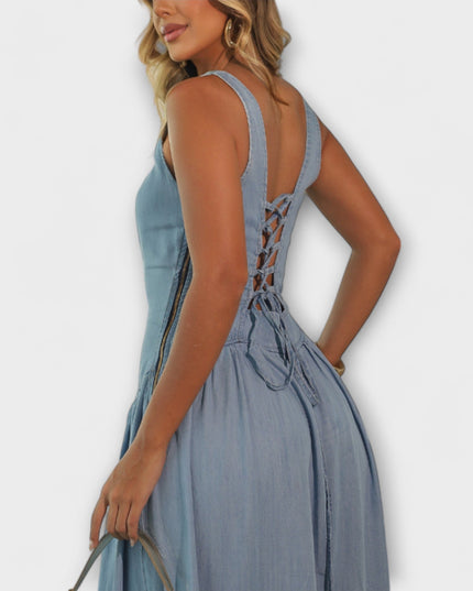 Tonia - Denim Blau Trägerloses Kleid