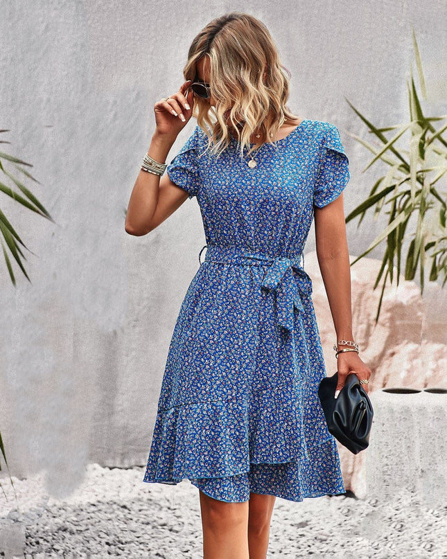 Tilda - Kurzes blaues Boho-Kleid mit Print