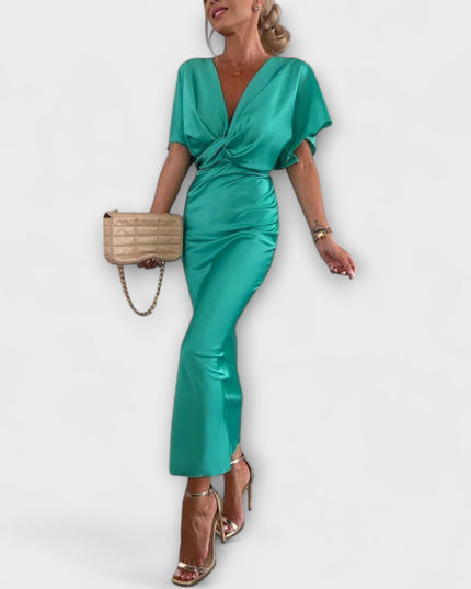 Simone - Solides Satin V-Ausschnitt Kreuzknoten Slim Fit Maxi Kleid