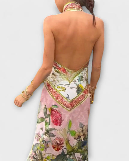 Ruth - Blumenmuster Ärmelloses Offenes Rücken Maxikleid