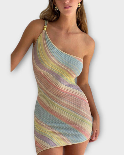 Yvonne - Trendy Ein-Schulter Strick Mini Kleid
