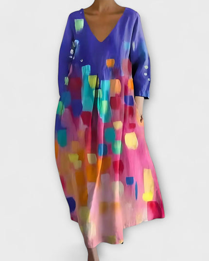 Melinda - Langes, farbenfrohes Kleid mit V-Ausschnitt