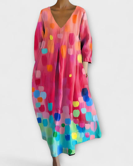 Melinda - Langes, farbenfrohes Kleid mit V-Ausschnitt