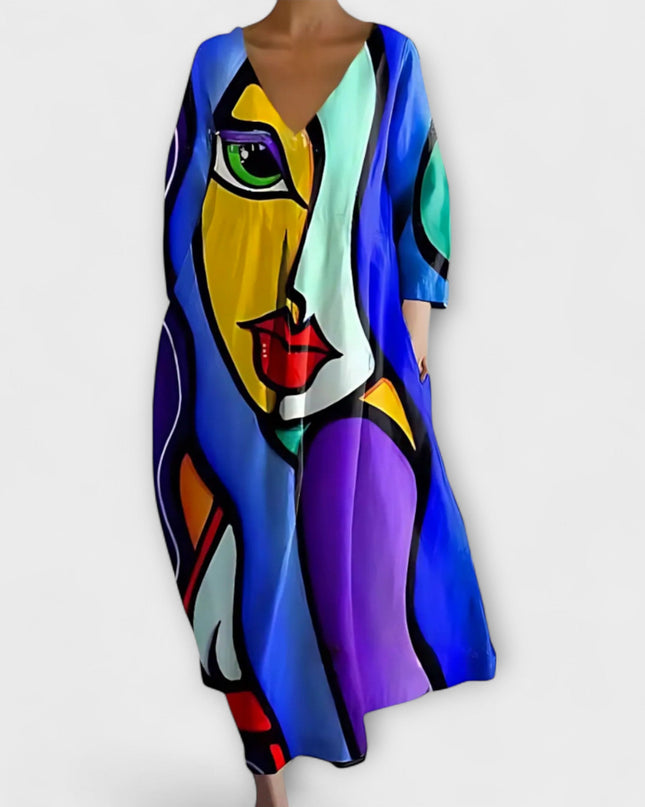 Melinda - Langes, farbenfrohes Kleid mit V-Ausschnitt