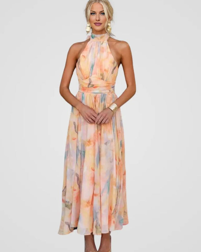 Zarah - Halter-Neck Aquarell Print Maxi Kleid