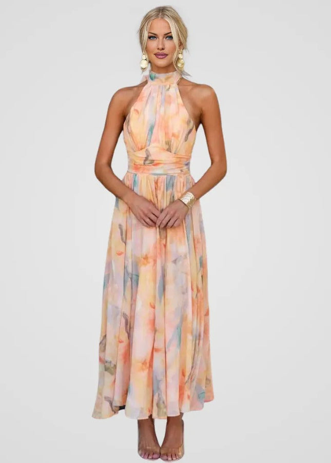 Zarah - Halter-Neck Aquarell Print Maxi Kleid