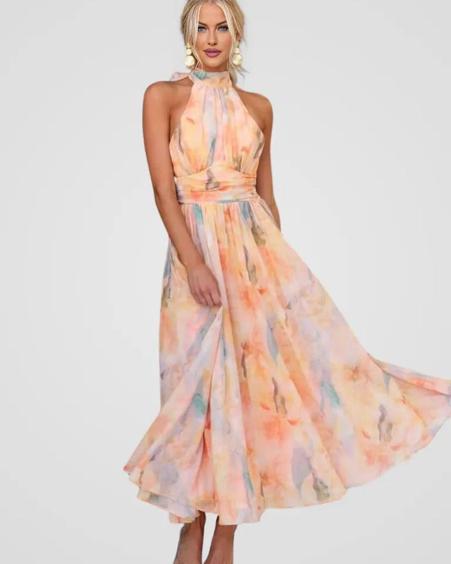 Zarah - Halter-Neck Aquarell Print Maxi Kleid