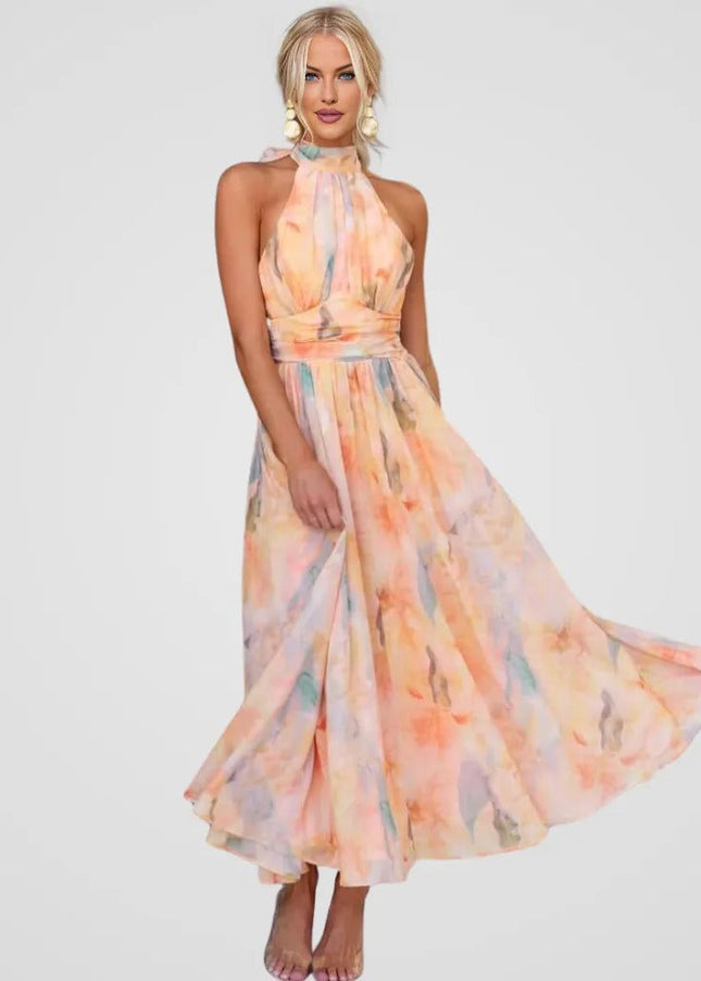 Zarah - Halter-Neck Aquarell Print Maxi Kleid